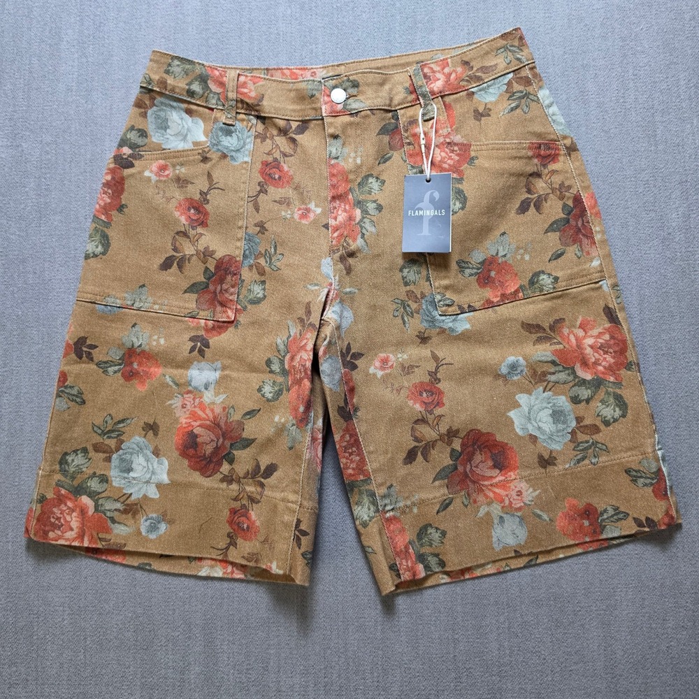 Flamingals Floral Denim Shorts Women XL Tan Mustard Rose Print High Waist NWT